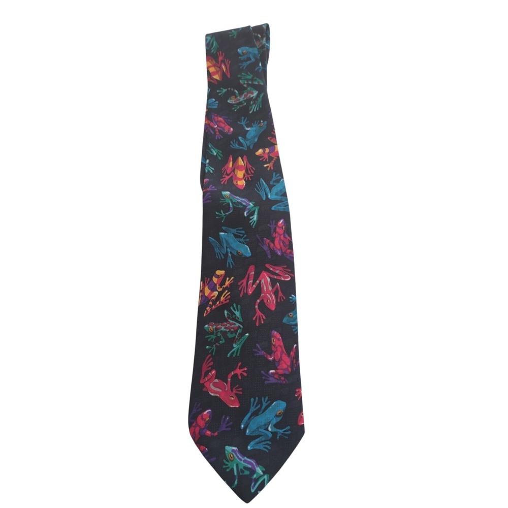 VTG Addiction Mens Frog‎ Print Necktie Black Multicolor Tropical Tree Frogs